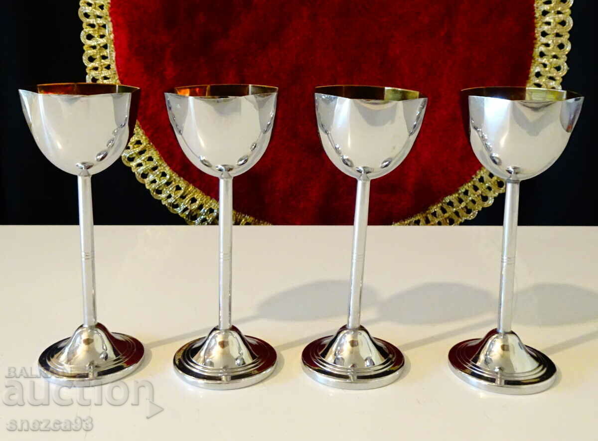 Silver-plated rakia glasses, gold plating, 4 pieces - 6 Silver-plated rakia glasses, gold plating, 4 pieces - 6
