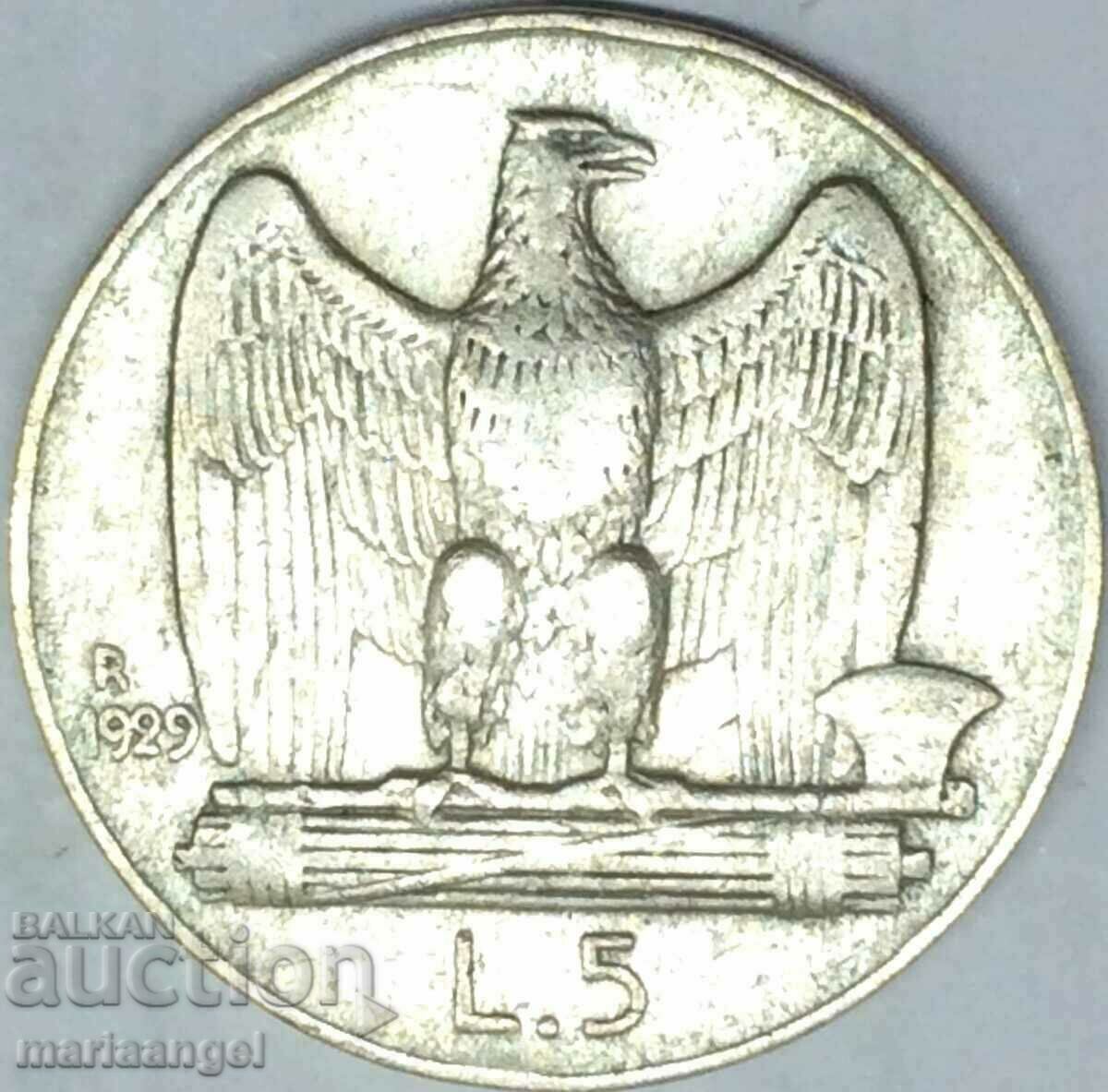 5 лири 1929 Италия Виктор Емануил III (1869-1947) сребро