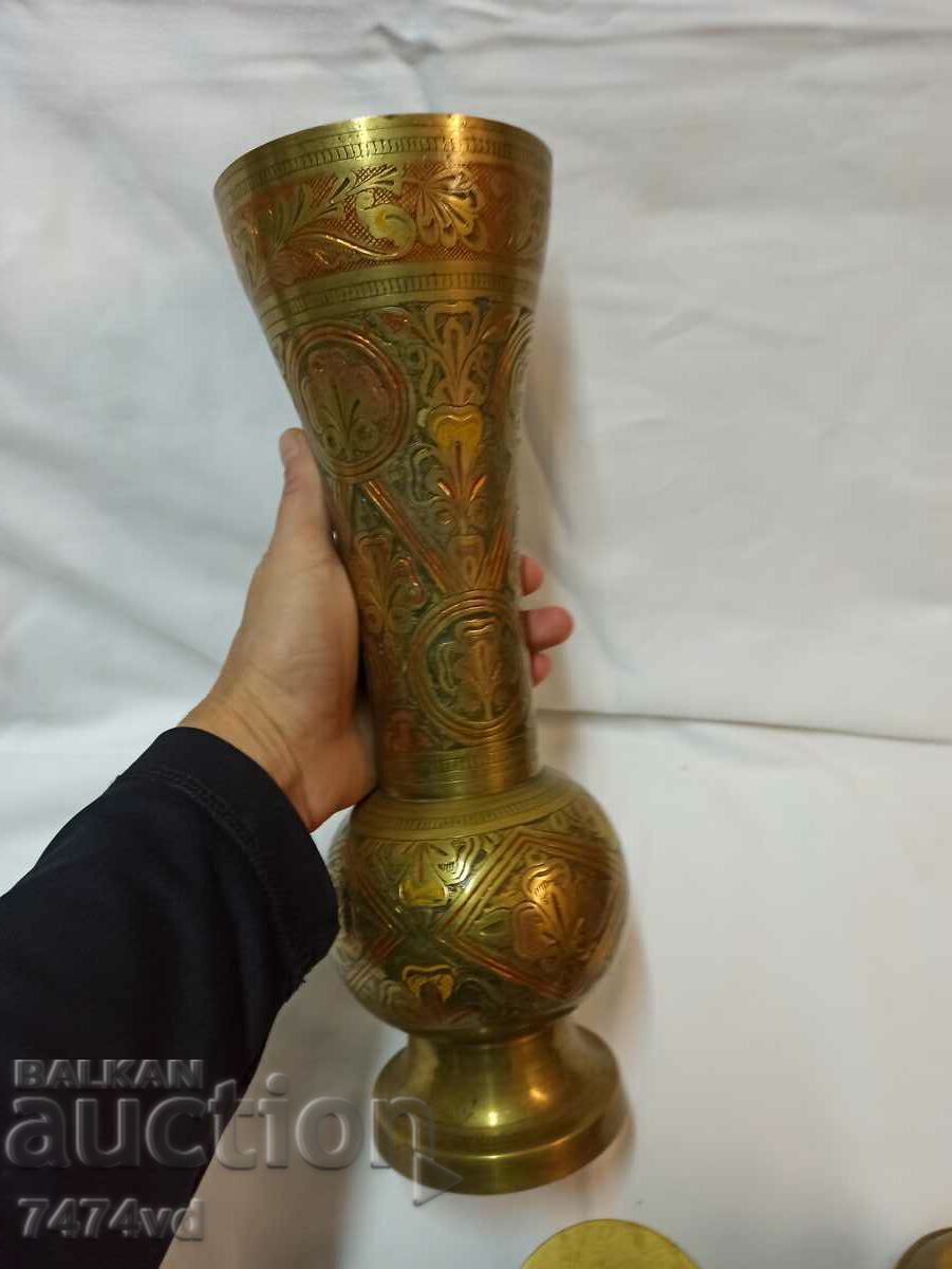 VAZĂ DE BRONZ SOLID GRAVATE MÂNĂ ORNAMENTE COLORATE - 5