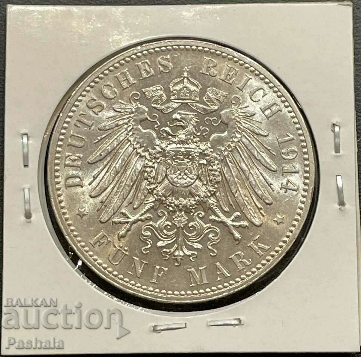 Germania 5 mărci 1914 Saxonia. Rar. cu preț 450.00 BGN | € 230.08 Germania 5 mărci 1914 Saxonia. Rar. cu preț 450.00 BGN | € 230.08