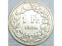 Швейцария 1 франк 1904 В - кантон Берн сребро -  рядка годин