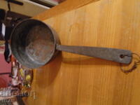 old, huge copper ladle, pan, tinned, incrusted