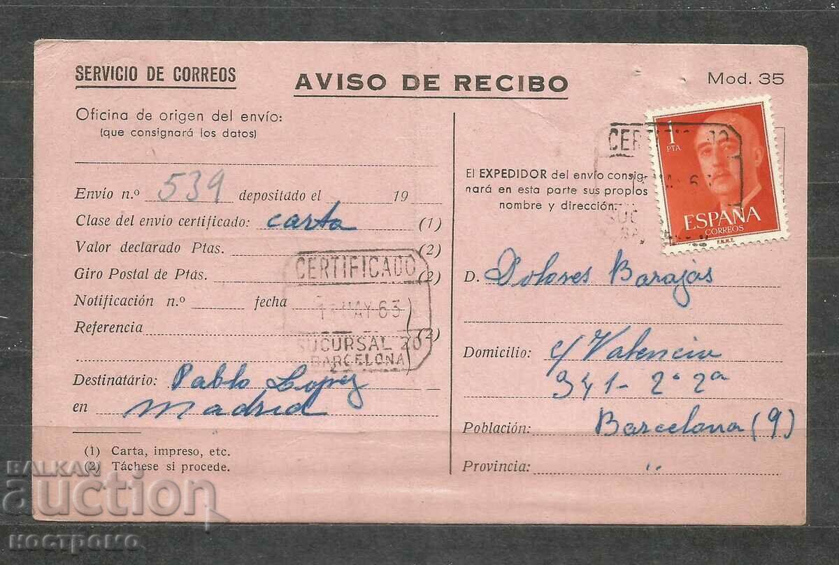 Aviso de Recibo - General Franco - Spain   - A 1304