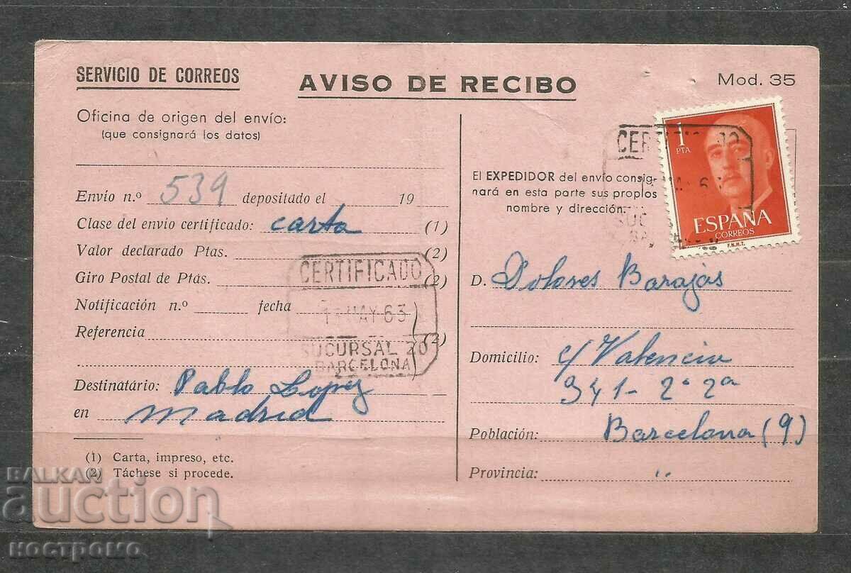 Aviso de Recibo - General Franco - Spania - A 1304