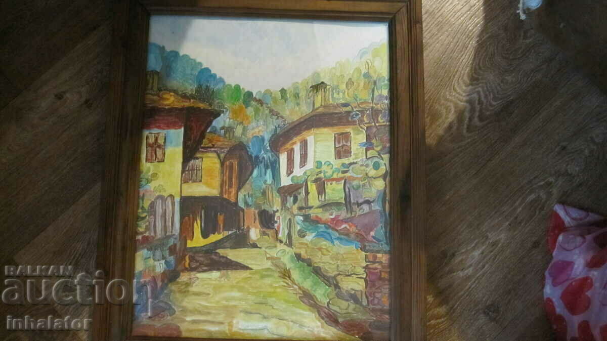 Watercolor Vazrozhdenska street in a wooden frame 60 - 49 cm