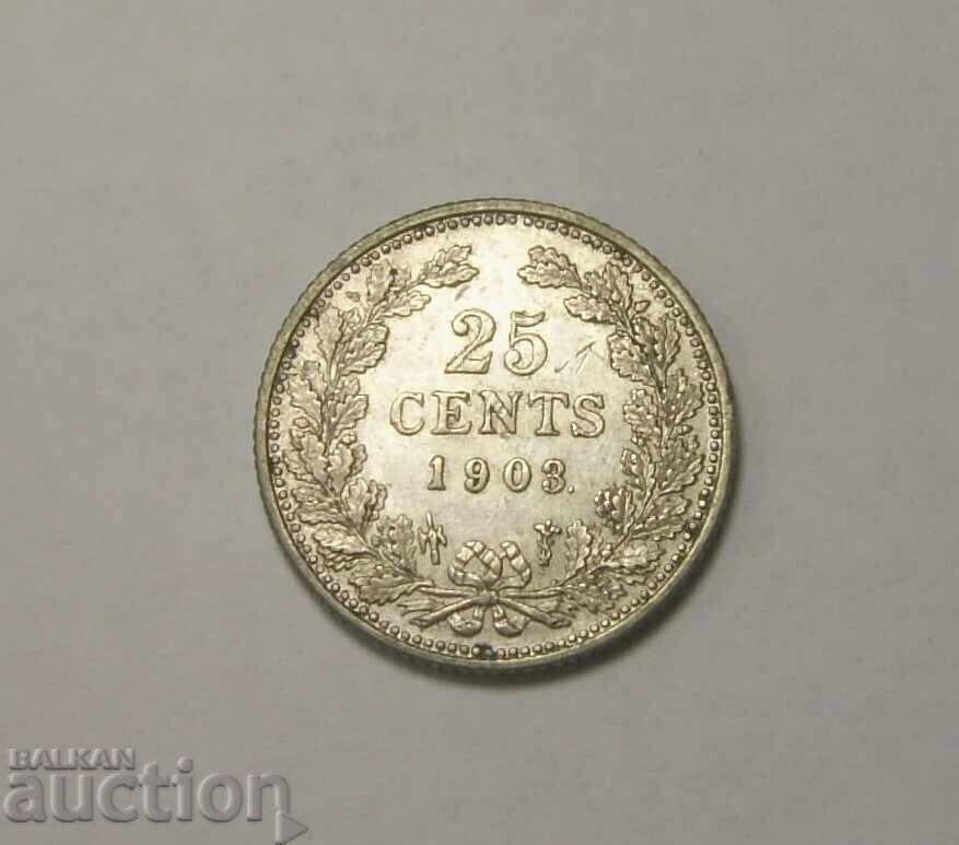 Холандия 25 цента 1903 Сребро