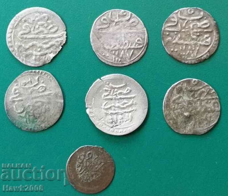 Колекция НЕПРОБИТИ 7 ахчета сребърни Османски монети мангъри