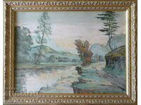 Стара картина - Пейзаж - река Искър и Рила планина, живопис,
