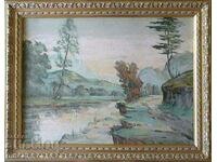 Old painting - Landscape - Iskar river and Rila mountain, painting,