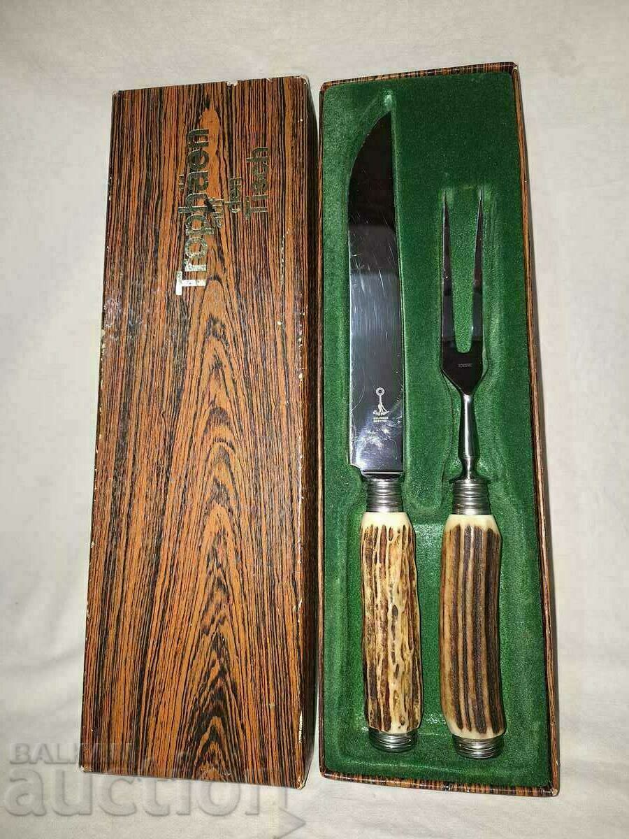 Set vechi cuțit furculiță pentru carne la grătar--Solingen Solingen