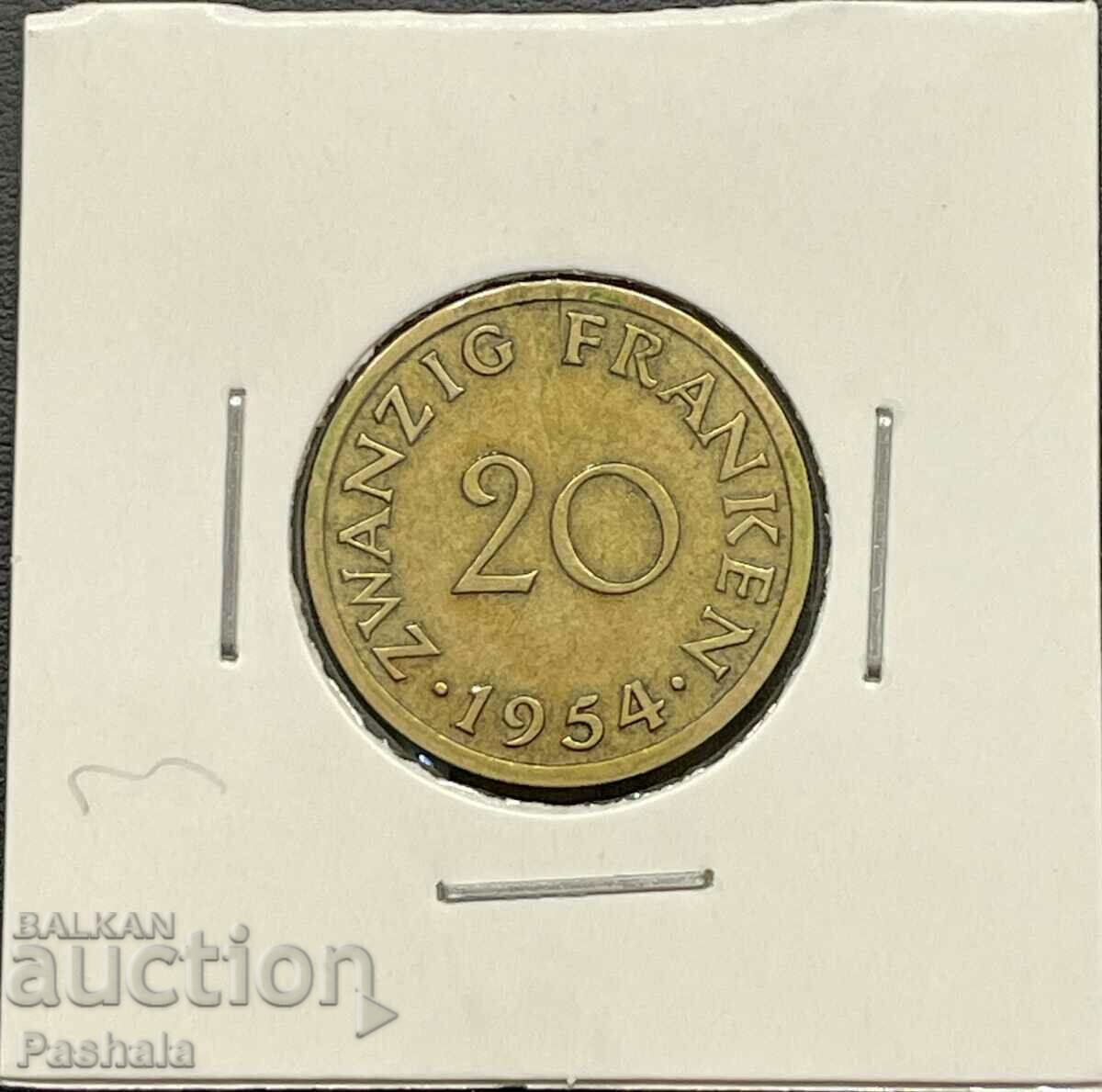 Германия 20 франк 1954 г. Саарланд .