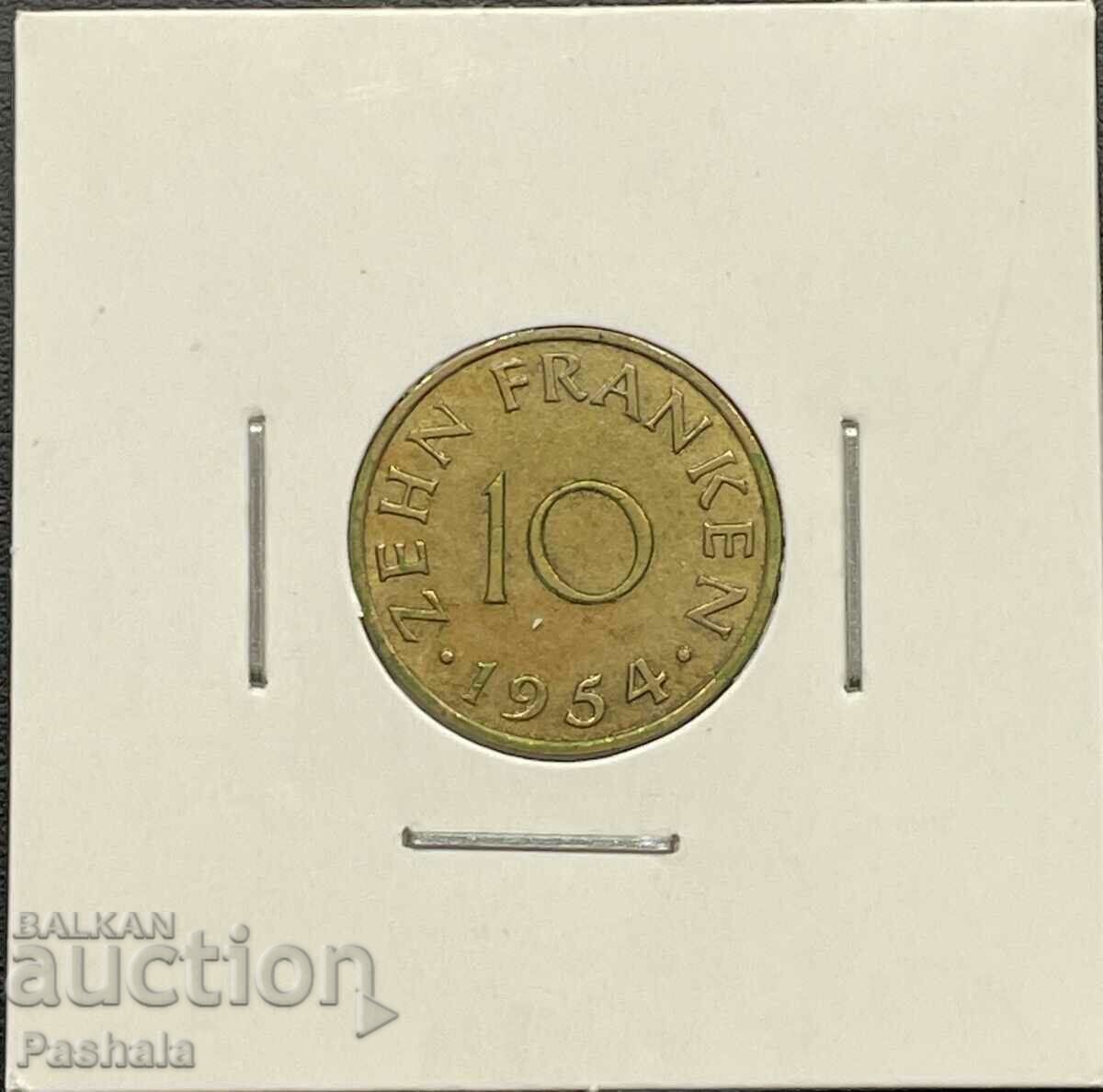 Германия 10 франк 1954 г. Саарланд .