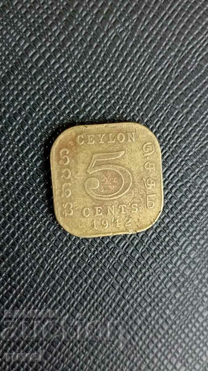Цейлон 5 цента, 1942 г.