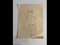 Old Drawing Pencil Portrait of a Girl in a Costume from the village of Elhovo