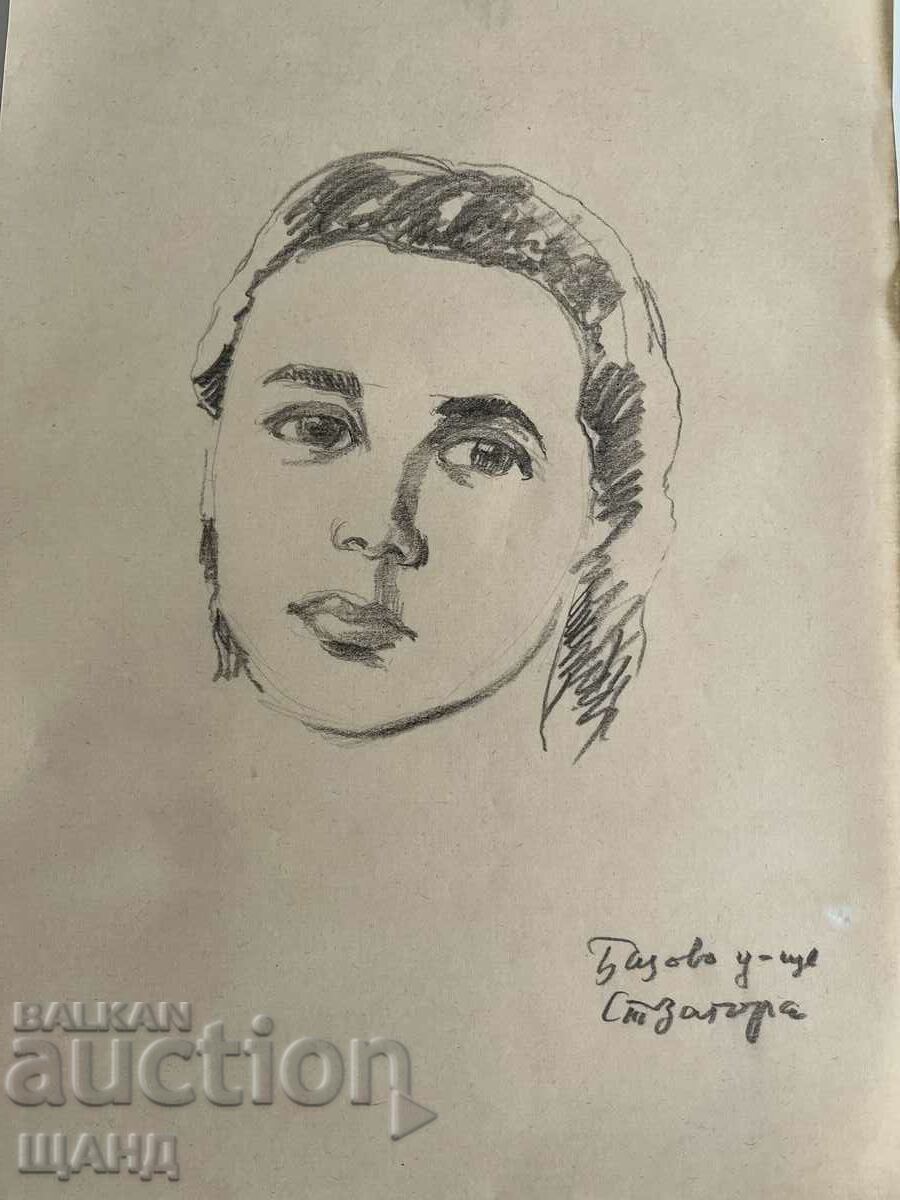 Old Drawing Pencil Portrait Girl Stara Zagora with price 3.00 BGN | € 1.53