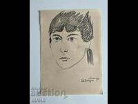 Vechi Desen Creion Portret Fată Femeie Stara Zagora