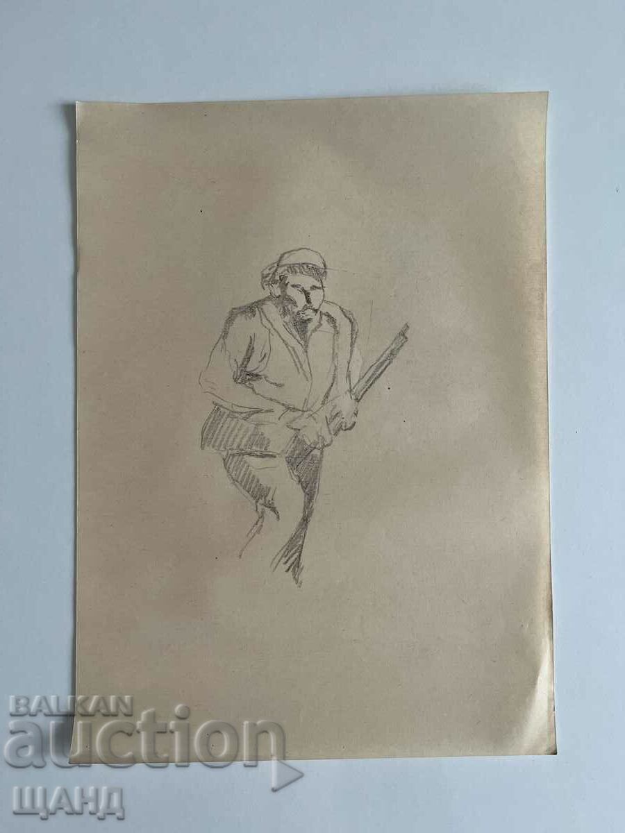 Vechi Desen Creion Portret Figura Bărbat cu pușcă