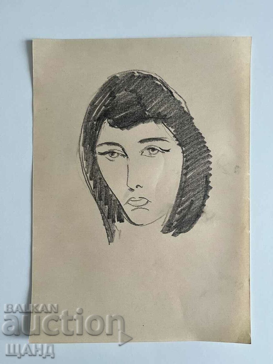 Vechi Desen Creion Portret Fată Femeie
