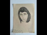 Vechi Desen Creion Portret Fată Femeie