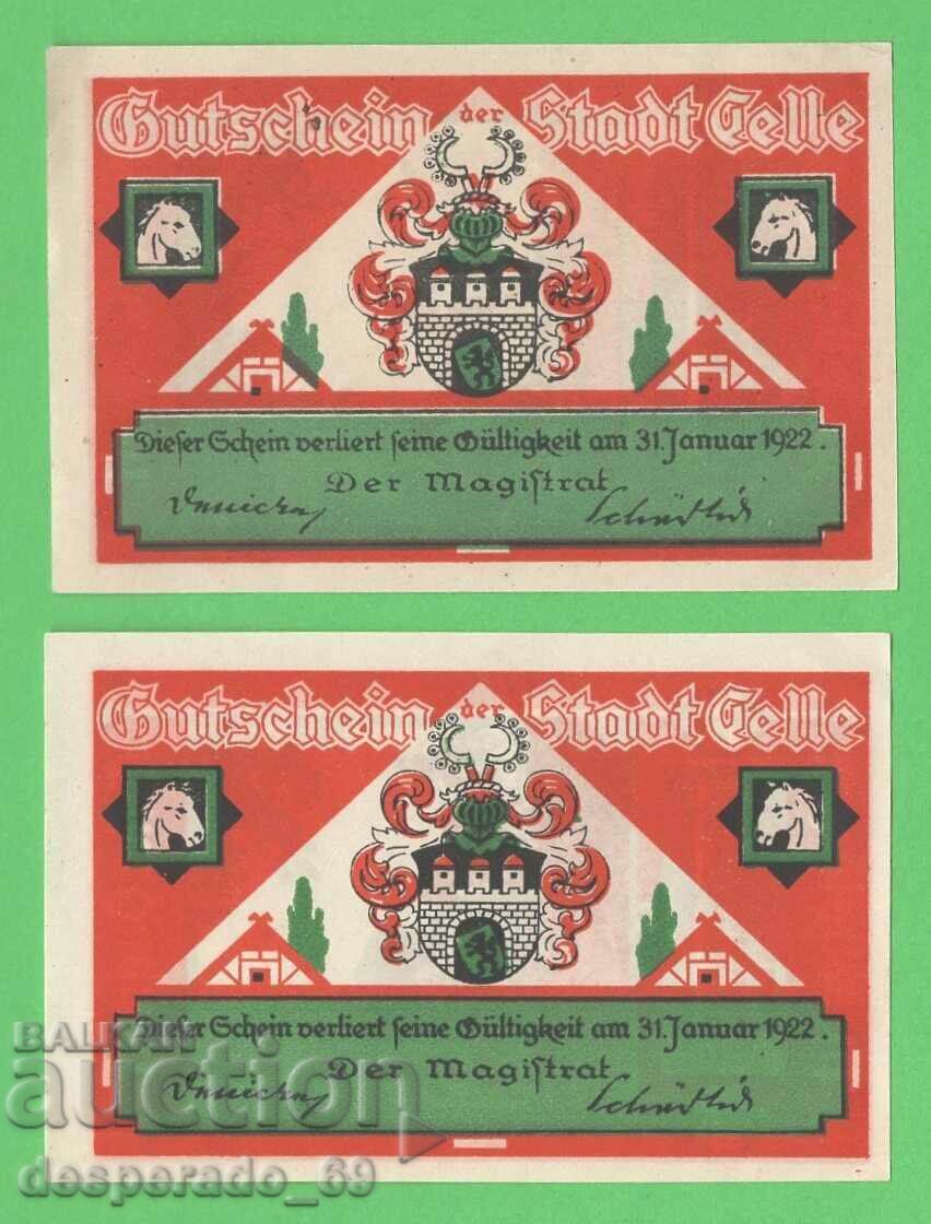 (¯`'•.¸NOTGELD (orașul Celle) 1922 UNC -2 bancnote¸.•'´¯) cu preț € 3.00 | 5.87 BGN