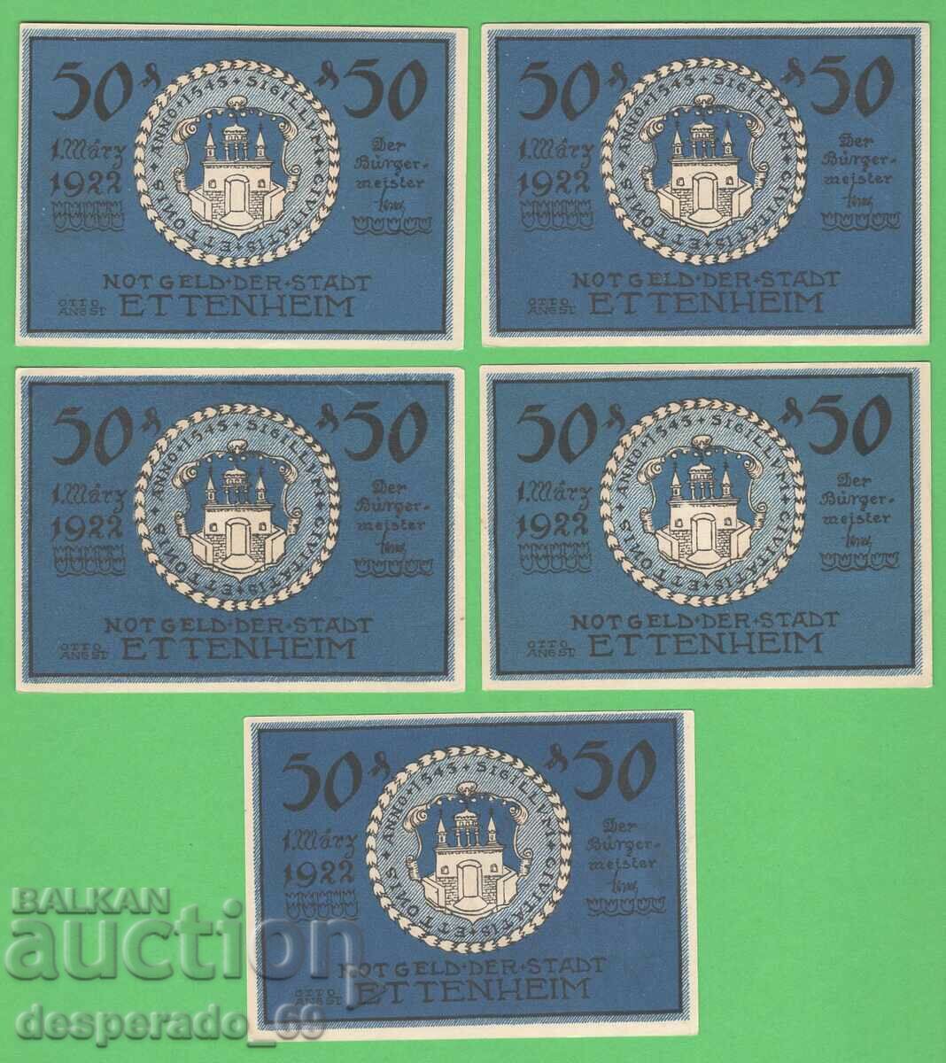 (¯`'•.¸NOTGELD (city Ettenheim) 1922 UNC -5 pcs. banknotes •'´¯) with price 15.00 BGN | € 7.67