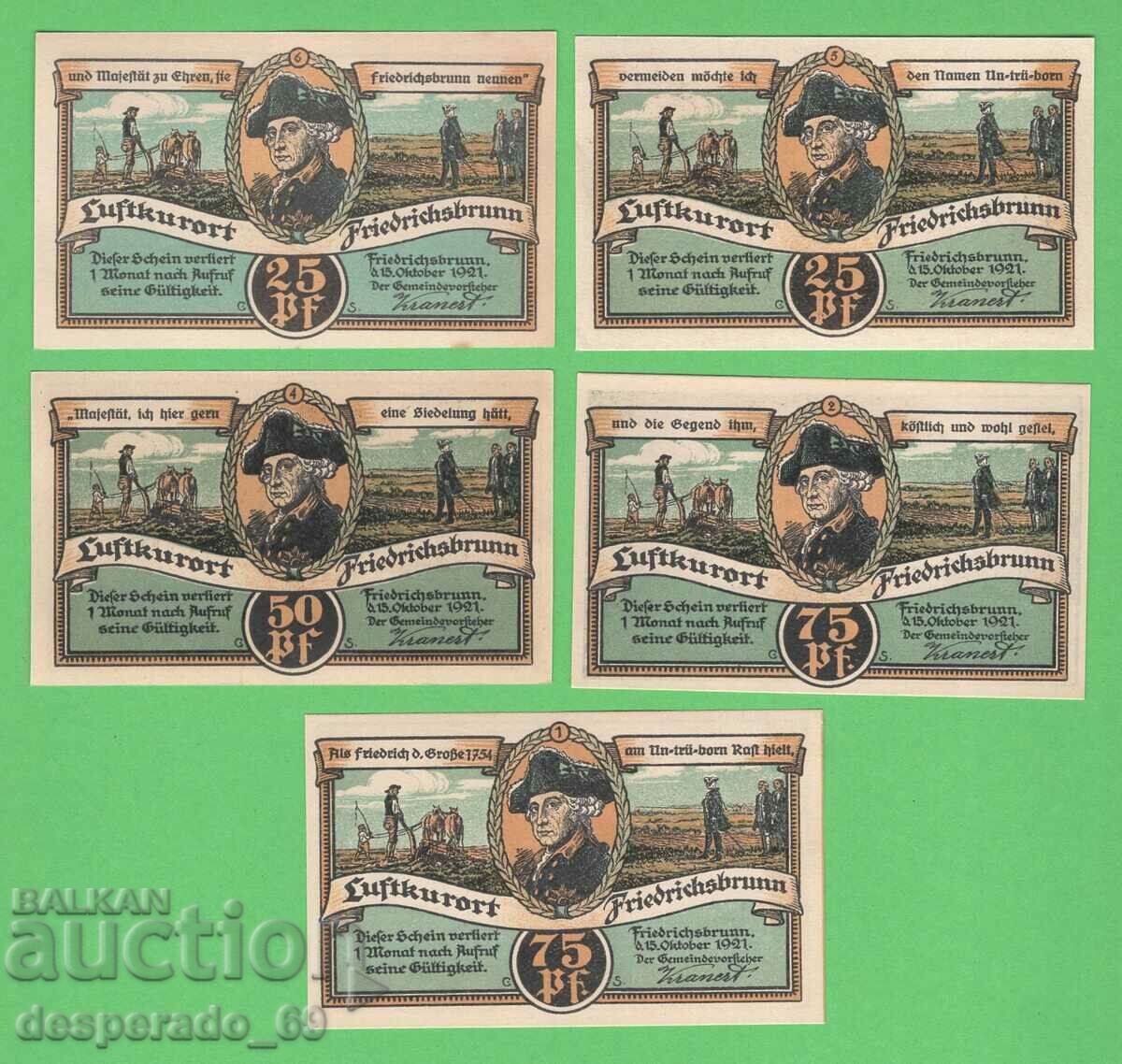 (¯`'•.¸NOTGELD (city Friedrichsbrunn) 1921 UNC -5 pcs. banknotes with price 15.00 BGN | € 7.67