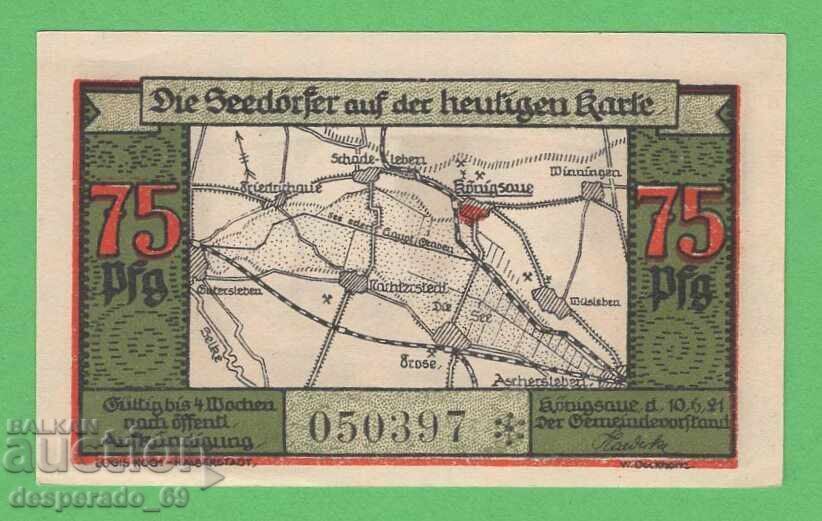 (¯`'•.¸NOTGELD (πόλη Konigsaue) 1921 UNC - 75 πφένιγκ •'´¯) με τιμή € 1.50 | 2.93 BGN