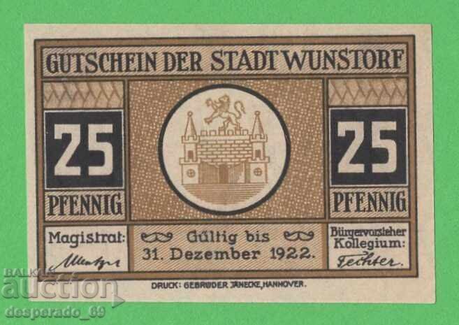 (¯`'•.¸NOTGELD (city of Wunstorf) 1922 UNC - 25 Pfennig¸.•'´¯) with price 1.10 €