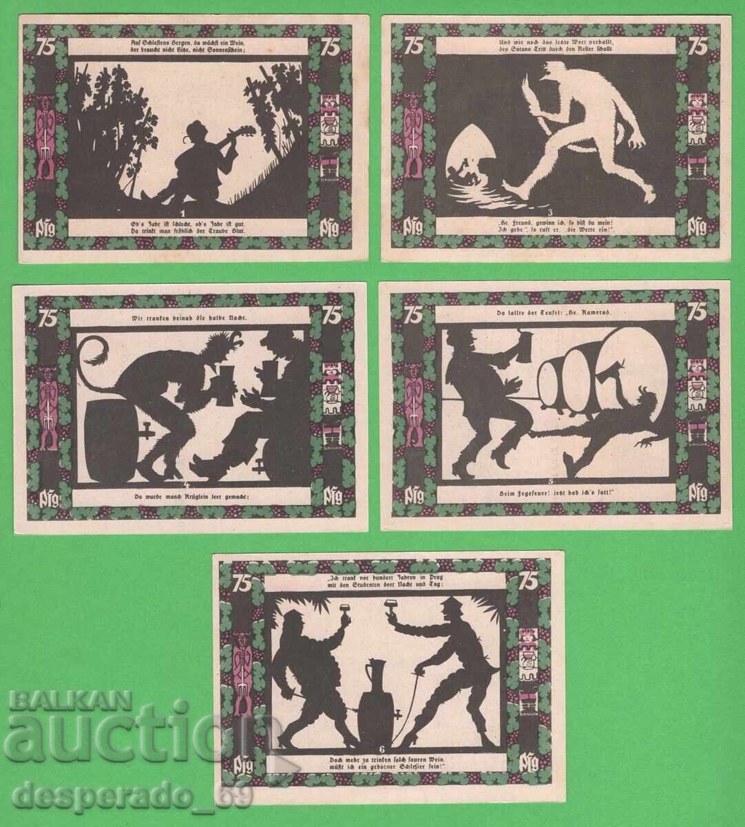 (¯`'•.¸NOTGELD (πόλη Grünberg) 1921 UNC -5 τεμ. τραπεζογραμμάτια¸.•'´¯)