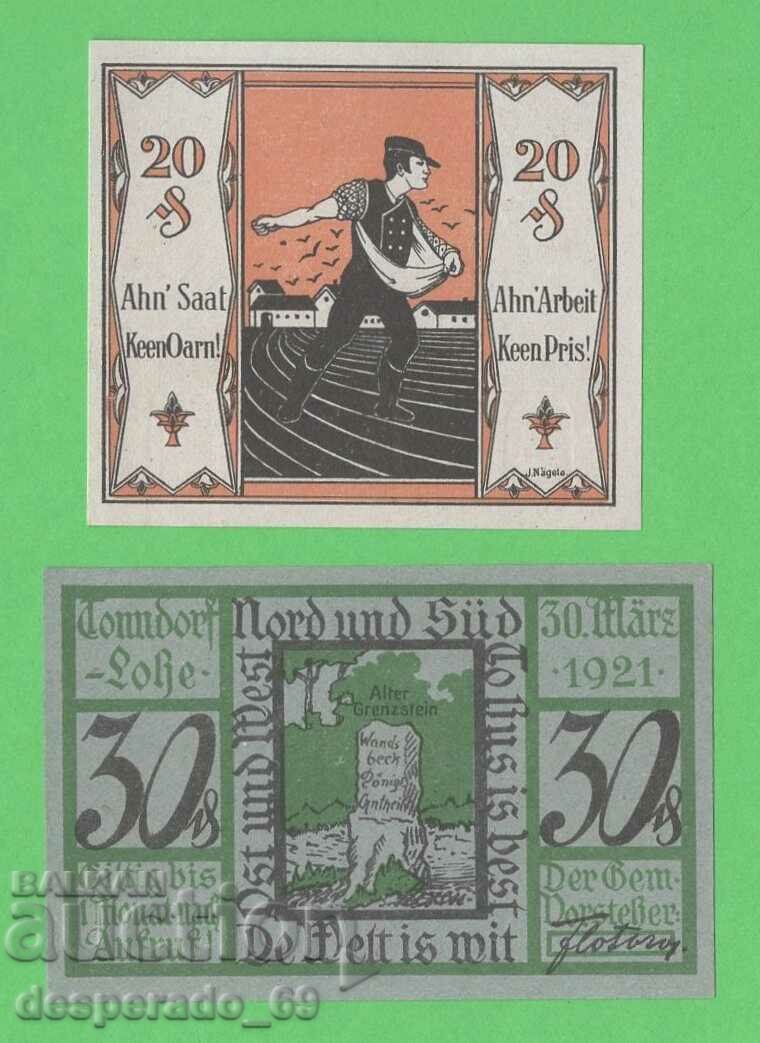 (¯`'•.¸NOTGELD (πόλη Tonndorf-Lohe) 1921 UNC -2 τεμ. τραπεζογραμμάτια