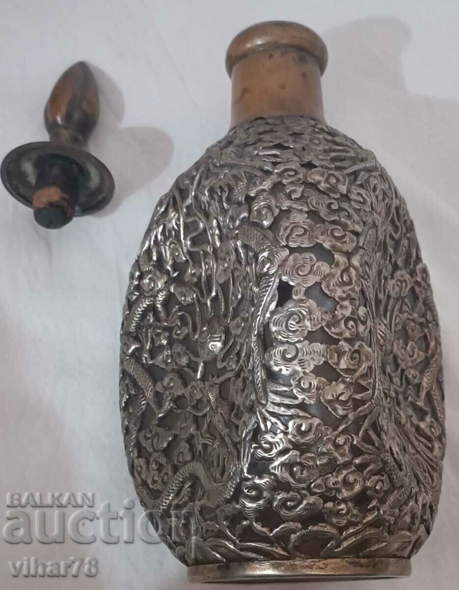 Livrarea Decantor Wuxi din sticlă din bronz placat cu argint chinezesc antic Livrarea Decantor Wuxi din sticlă din bronz placat cu argint chinezesc antic