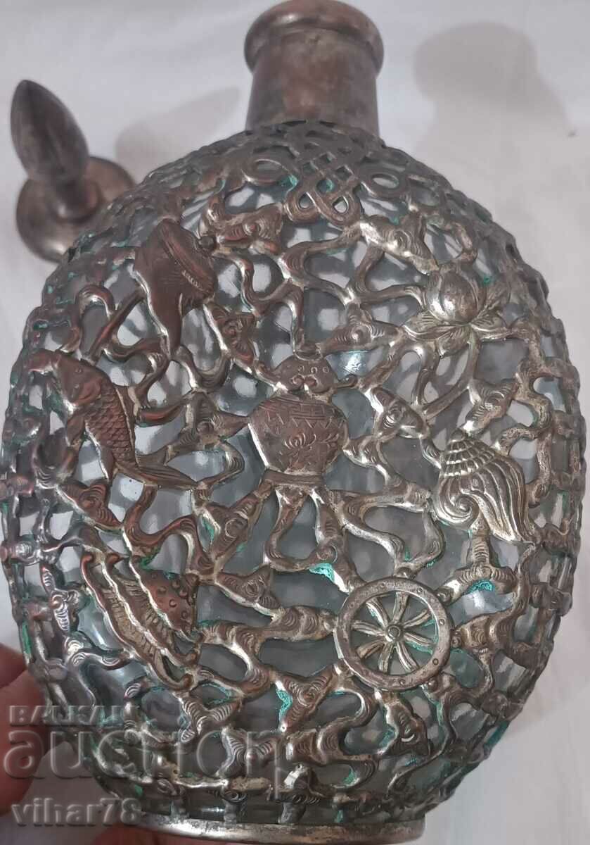 Auction  Antique Chinese Silver Plated Bronze Glass Wuxi Decanter