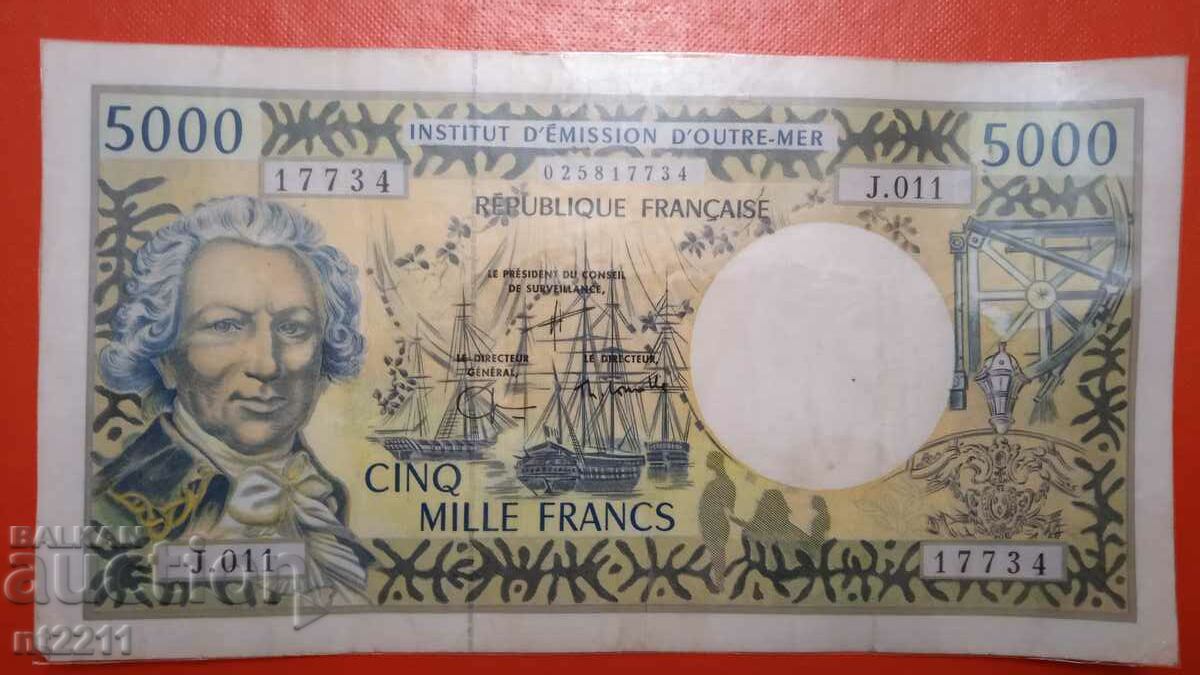 Το τραπεζογραμμάτιο 5000 φράγκων French Pacific διαβάζει την περιγραφή