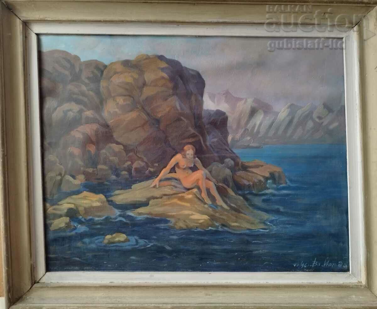 Εικόνα, θάλασσα, βράχοι, 1961, τέχνη. Vl. Γιορντάνοφ (1890-1983)