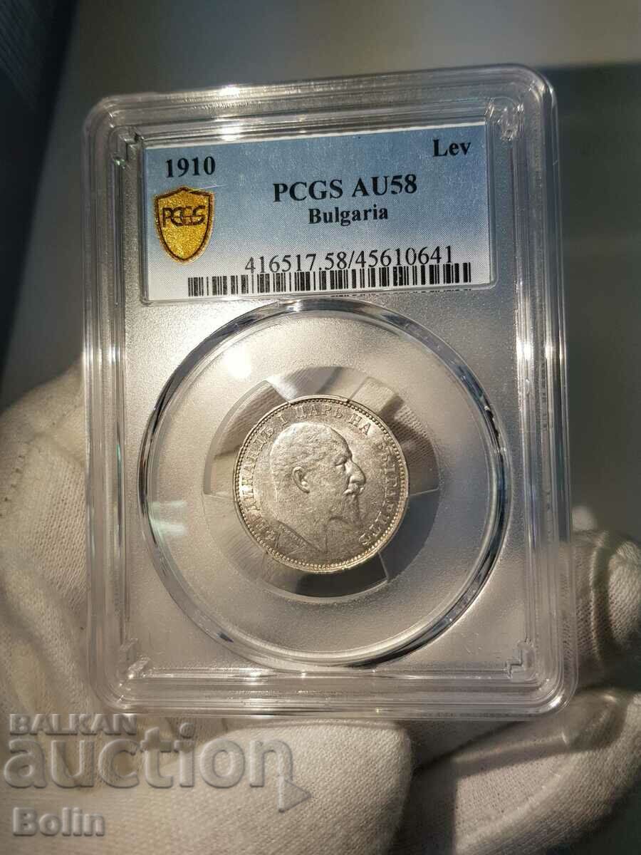 AU-58 Царска сребърна монета 1 лева 1910 PCGS