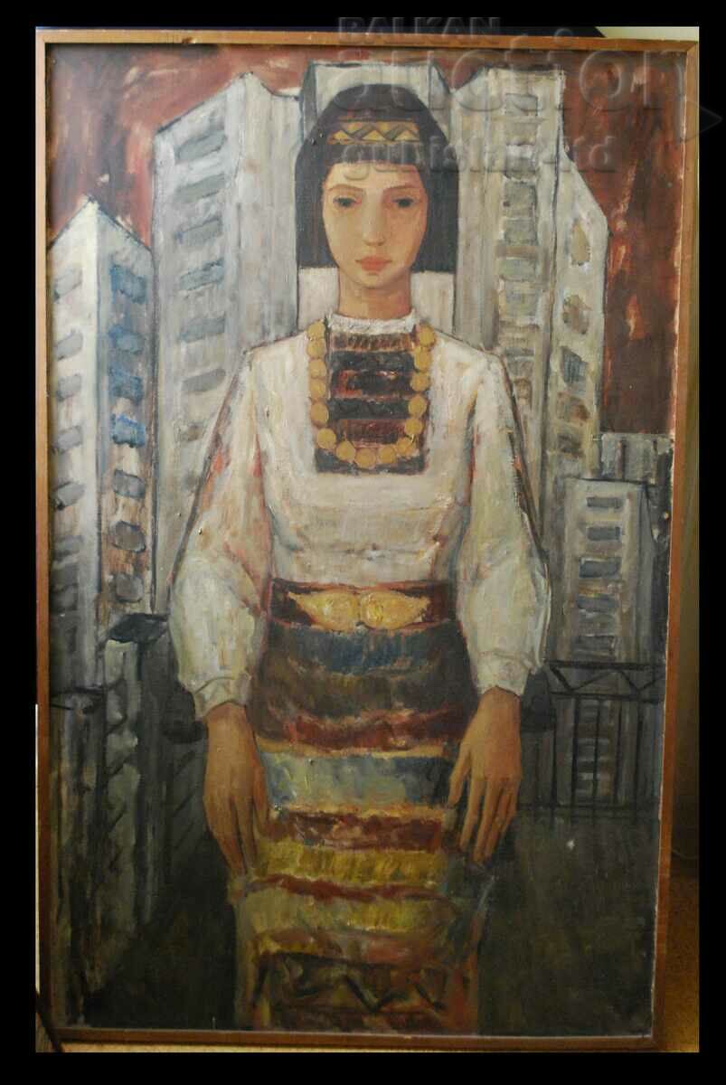 Pictură, fată în costum, anii 1970, 132x84 cm.