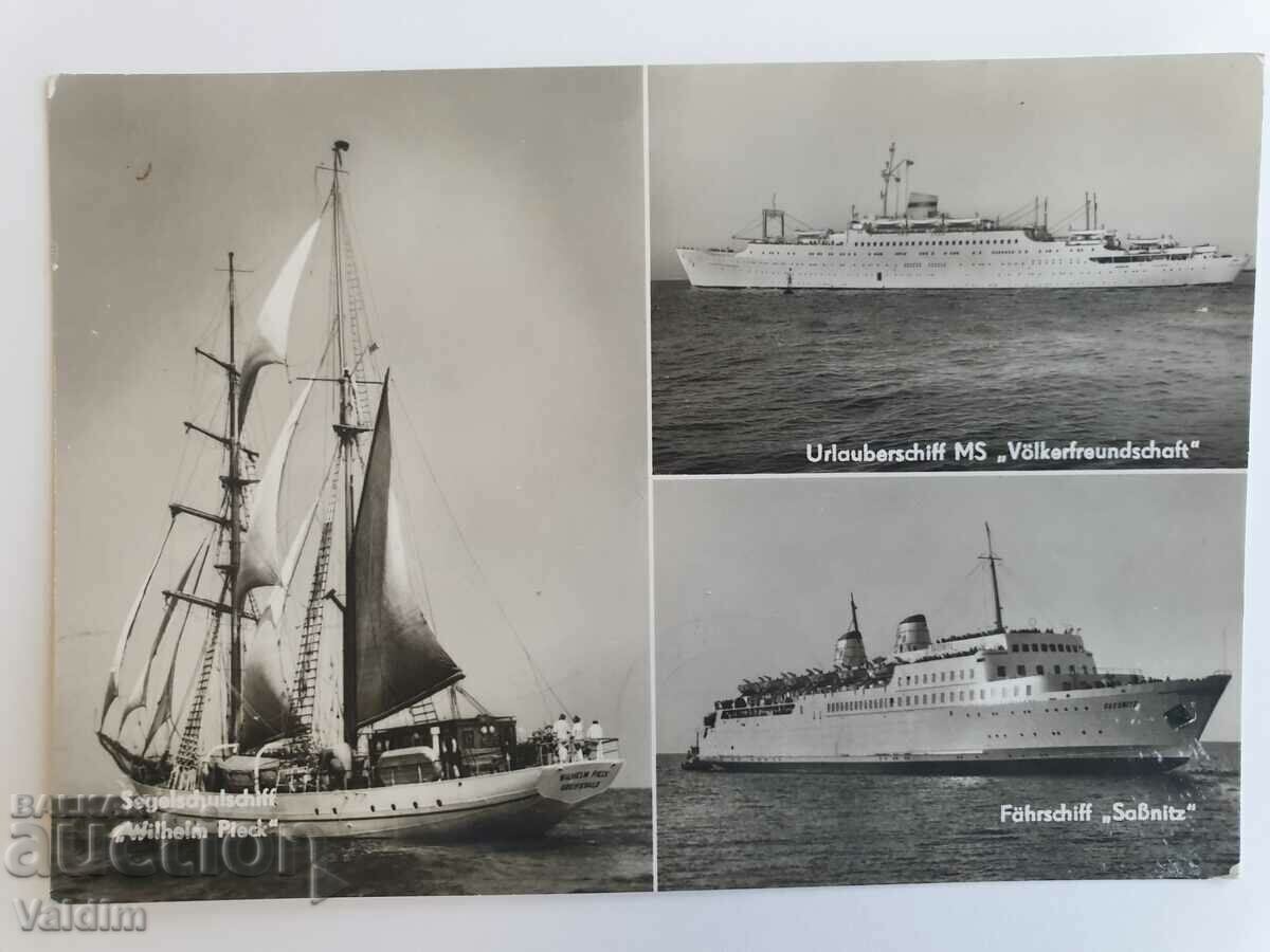 Postcard Two Ships and a Sailboat DDR