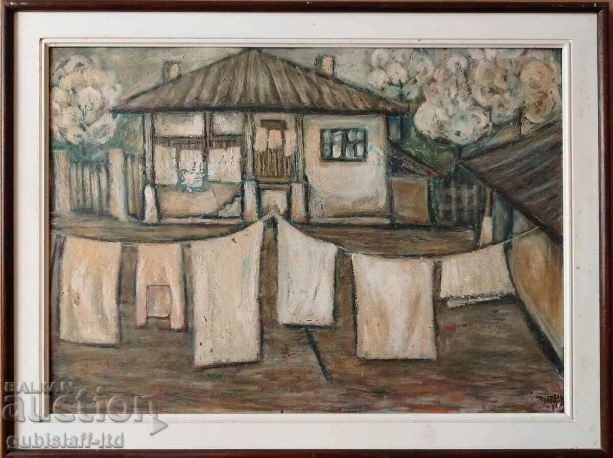 Picture, "Old house with laundry", art. D. Stanchev, 1970s