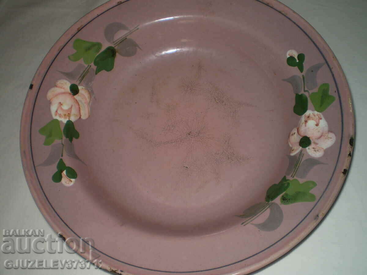 Old pink metal plate enamel hand painted flowers - 5 Old pink metal plate enamel hand painted flowers - 5