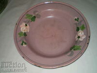 Стара розова метална чиния емайл ръчо рисувани цветя