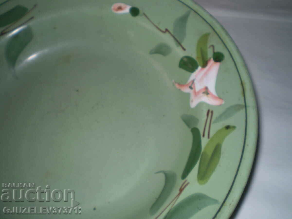 Auction  Green old metal plate hand painted enamel flowers
