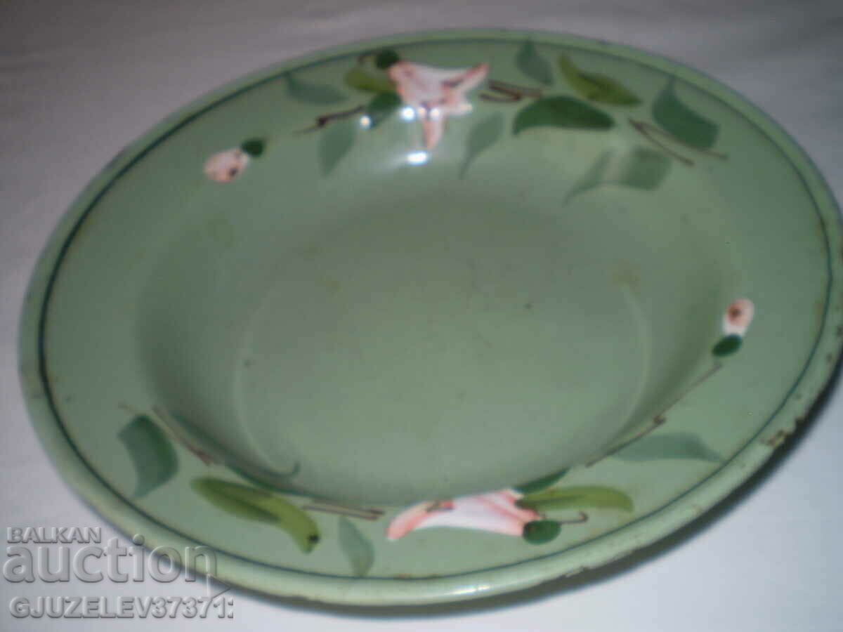 Green old metal plate hand painted enamel flowers - 5