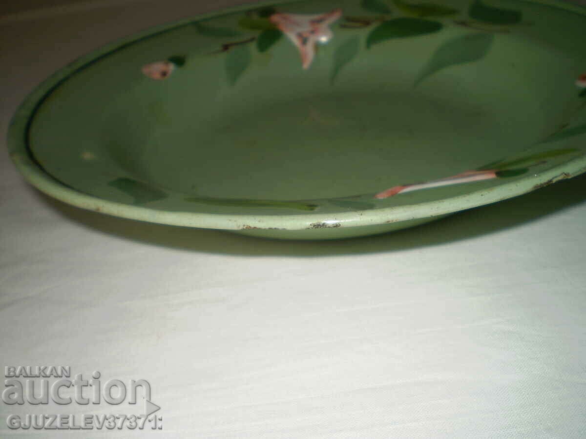Green old metal plate hand painted enamel flowers - 6