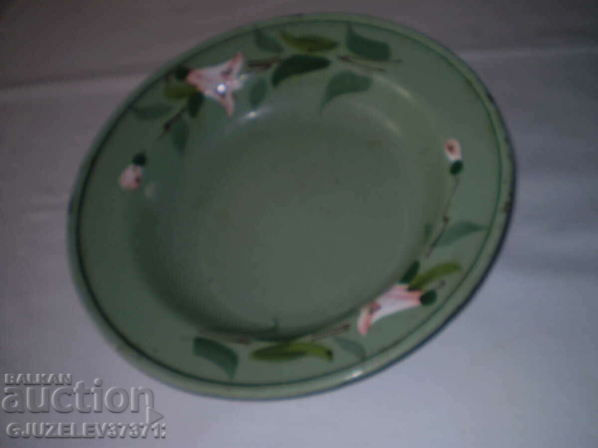 Green old metal plate hand painted enamel flowers - 7