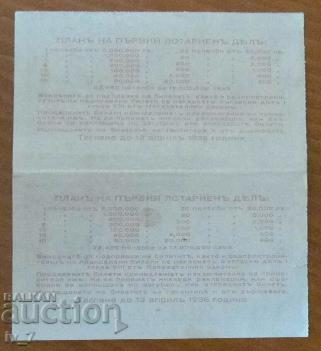 Kingdom of Bulgaria-Lot of 2 Lottery tickets BGN 25 1936 section 1 with price 49.99 BGN | € 25.56