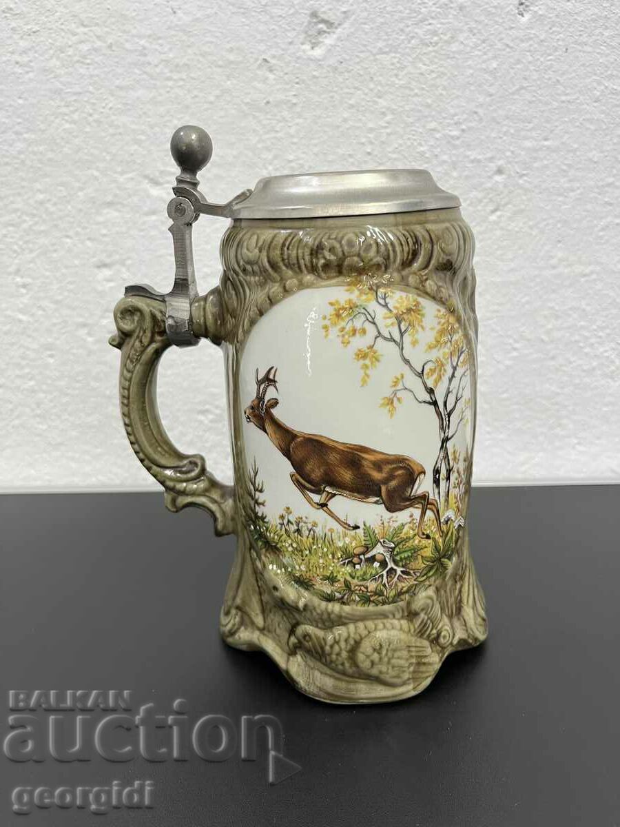 German beer mug with lid and forest / hunting scenes. #4850