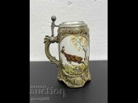 German beer mug with lid and forest / hunting scenes. #4850