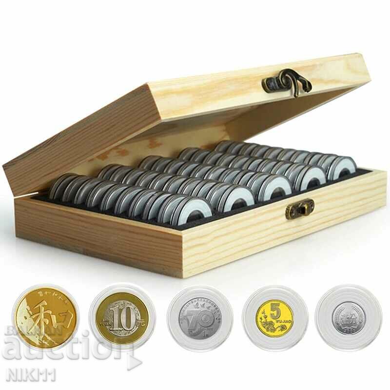 Дървена кутия за 50 монети 50 капсули 50 уплътнители монета