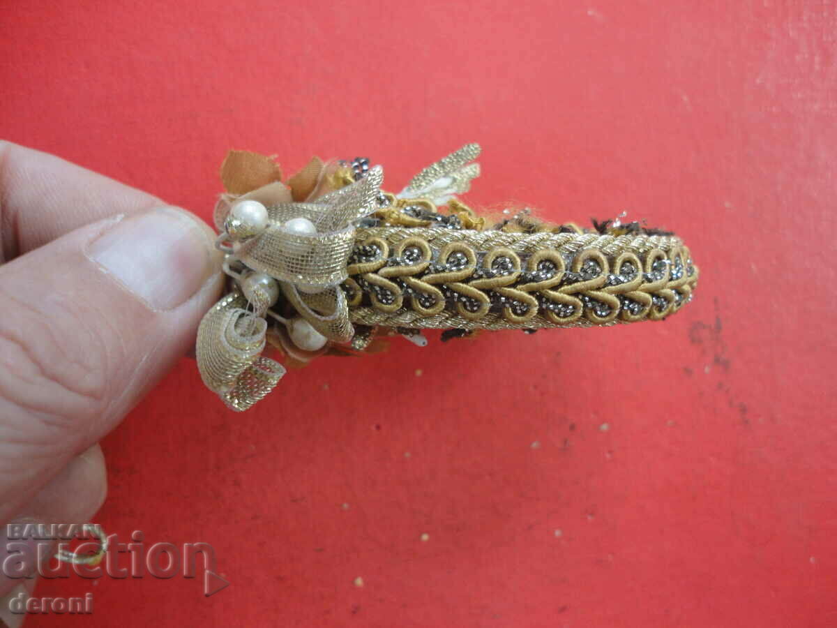 Auction Antique double sided mirror with tinsel and pearls Auction Antique double sided mirror with tinsel and pearls