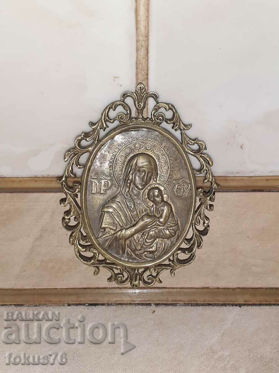 Panagia the Virgin medallion icon religion brass